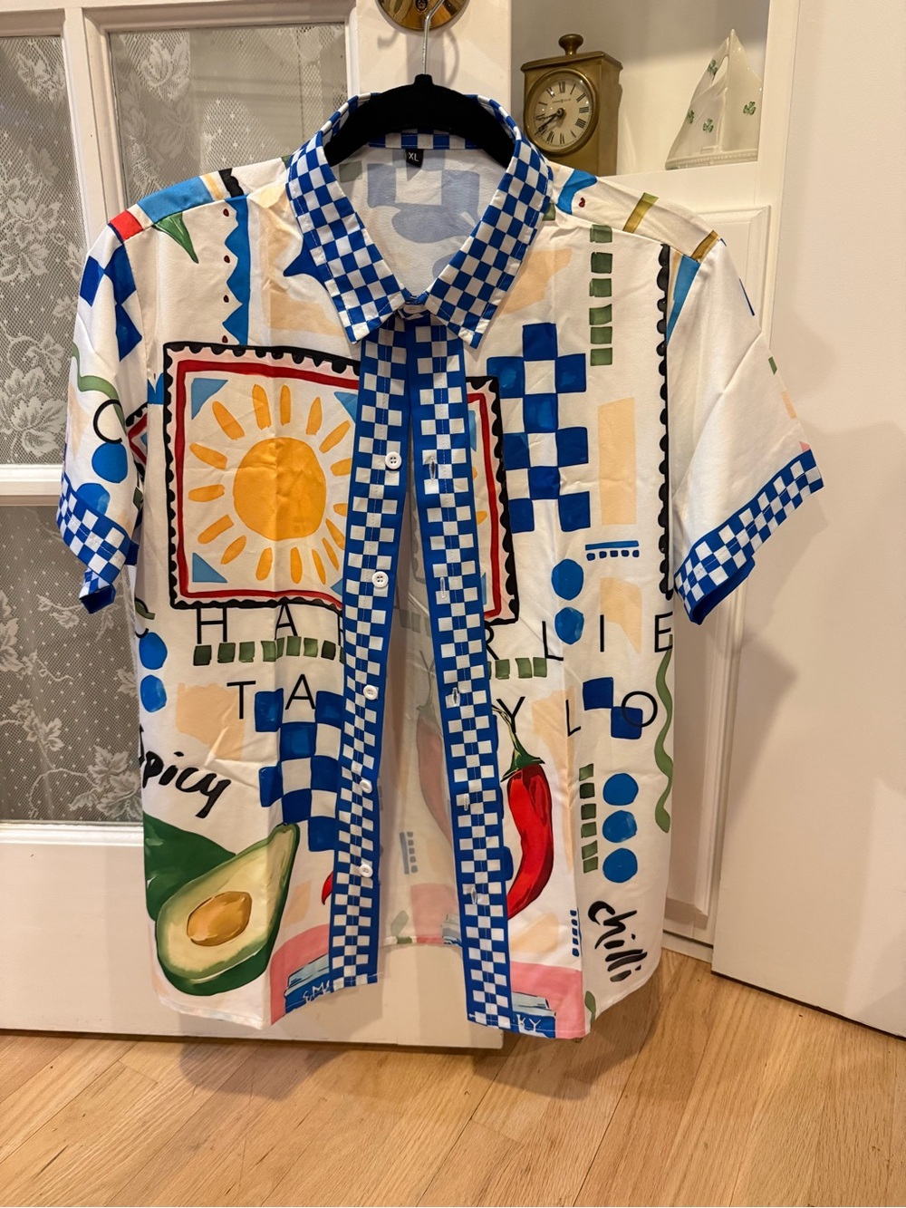 Women’s Short-Sleeve Button-Down Shirt - White Multicolor Graphic